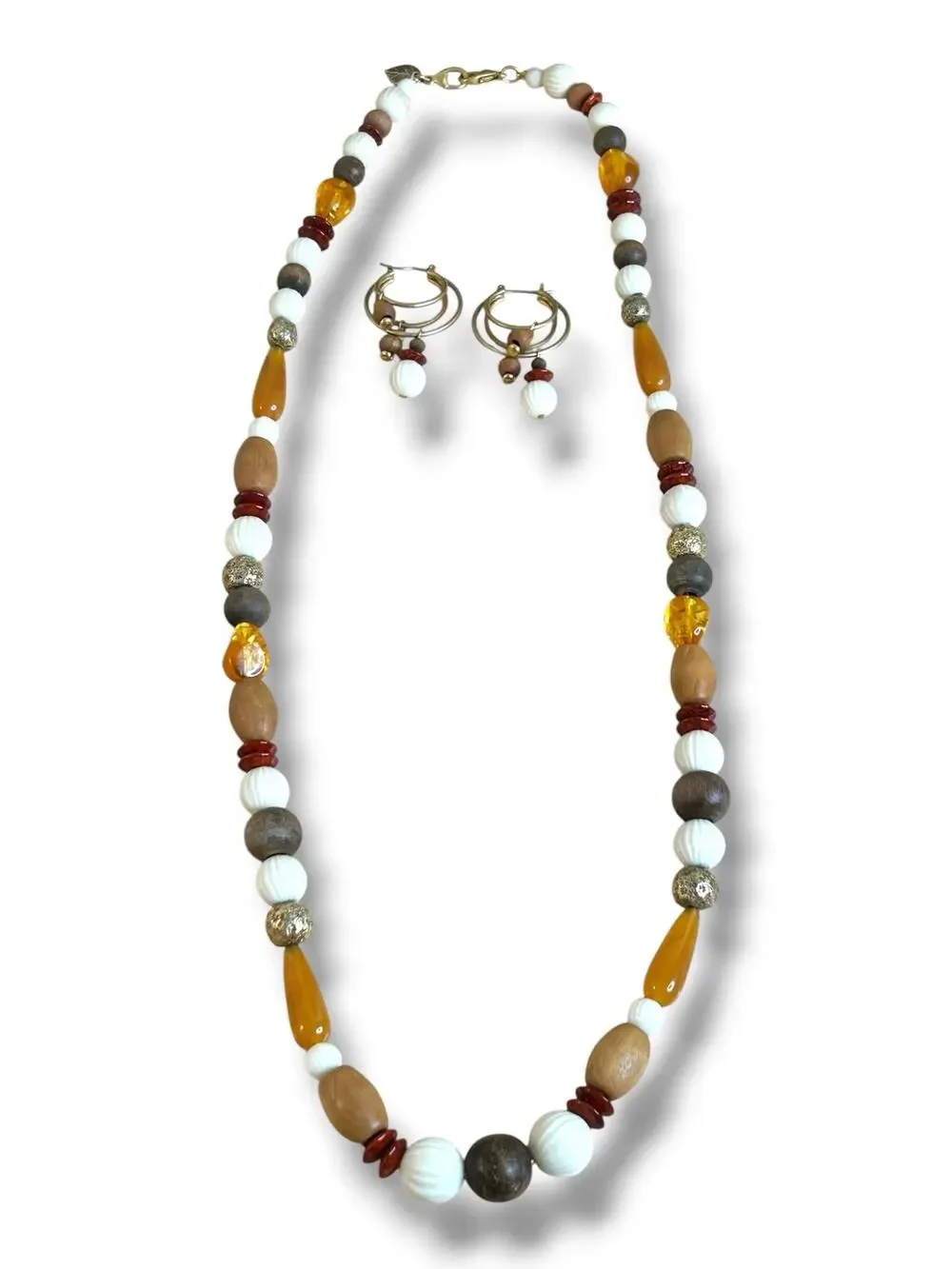 Vintage Liz Claiborne Autumn Hues Beaded Necklace Earrings Matching Set